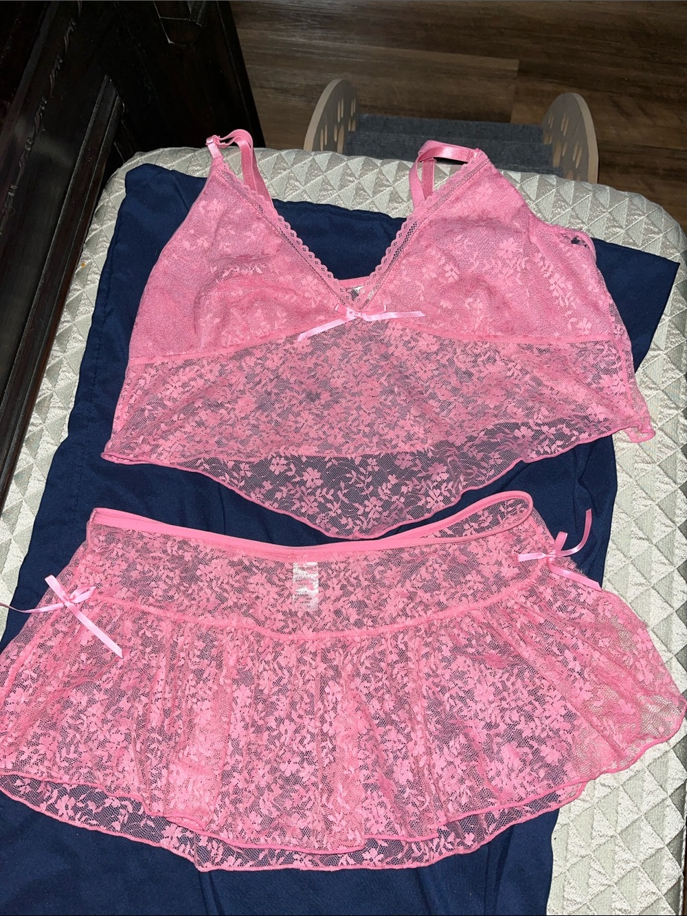 Sheer Lace Bralette and Skirt Set - Pink